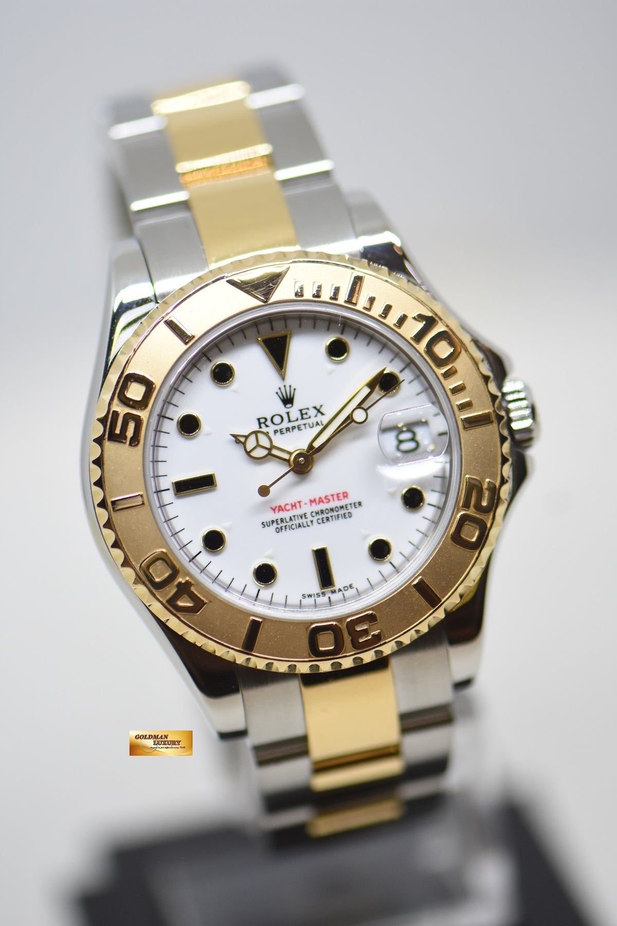 [SOLD] ROLEX OYSTER YACHT MASTER 35mm HALF GOLD IN  BRACELET WHITE DIAL 168623 (MINT)