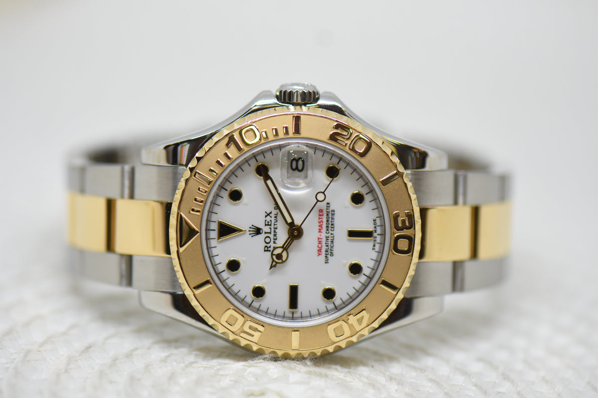 [SOLD] ROLEX OYSTER YACHT MASTER 35mm HALF GOLD IN  BRACELET WHITE DIAL 168623 (MINT)