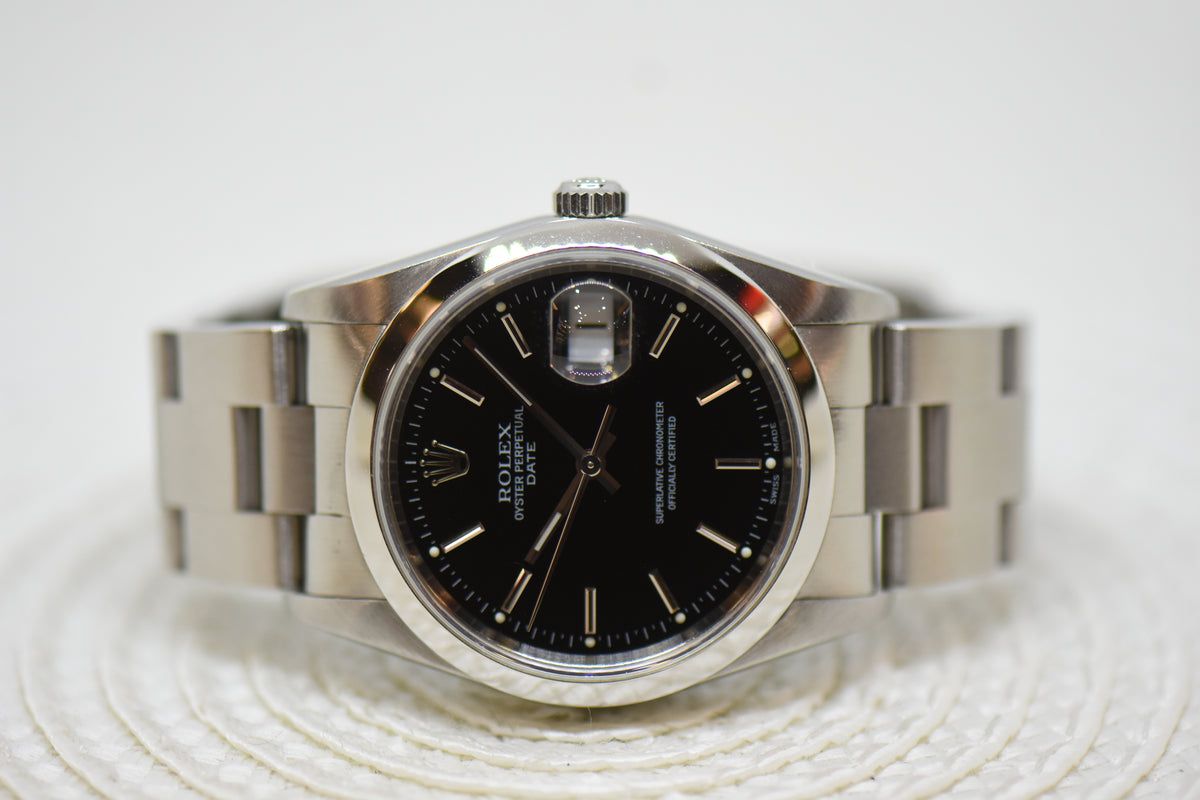 [SOLD] ROLEX OYSTER PERPETUAL DATE 34mm STEEL IN BRACELET BLACK DIAL 15200 (QUICKSET-DATE) (MINT)