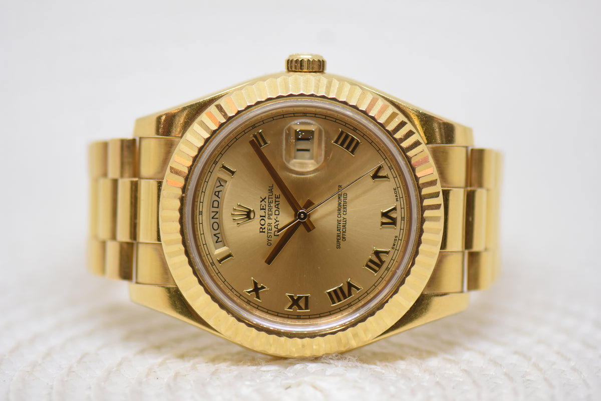 [SOLD] ROLEX OYSTER DAY-DATE II 41mm YELLOW GOLD IN PRESIDENT BRACELET GOLD ROMAN DIAL 218238 (UNPOLISHED)