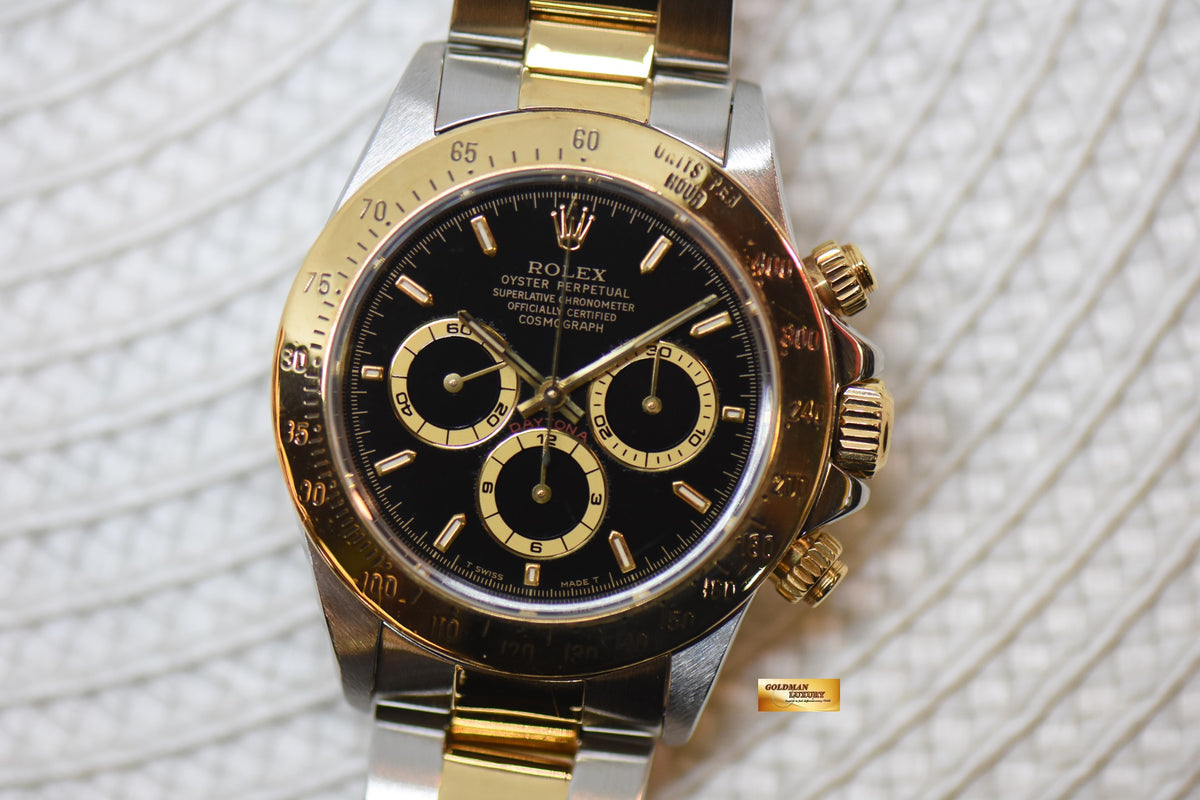 [SOLD] ROLEX OYSTER DAYTONA CHRONOGRAPH 40mm HALF-GOLD IN BRACELET ZENITH MVT BLACK AGING DIAL 16523 (MINT)