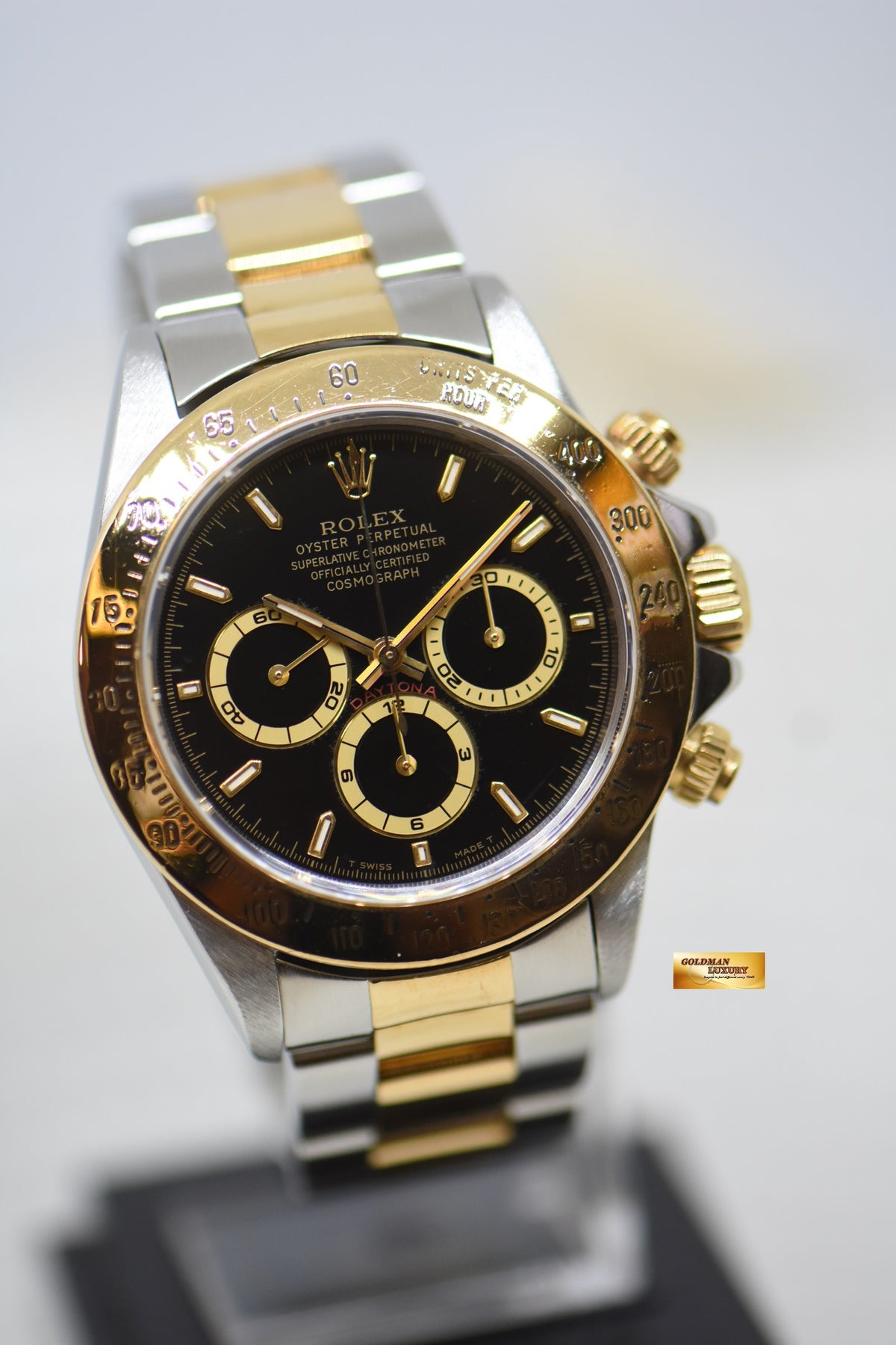 [SOLD] ROLEX OYSTER DAYTONA CHRONOGRAPH 40mm HALF-GOLD IN BRACELET ZENITH MVT BLACK AGING DIAL 16523 (MINT)