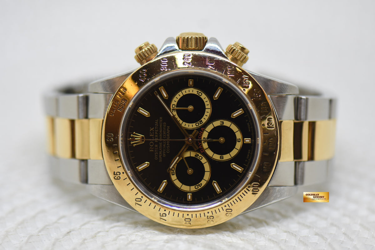 [SOLD] ROLEX OYSTER DAYTONA CHRONOGRAPH 40mm HALF-GOLD IN BRACELET ZENITH MVT BLACK AGING DIAL 16523 (MINT)