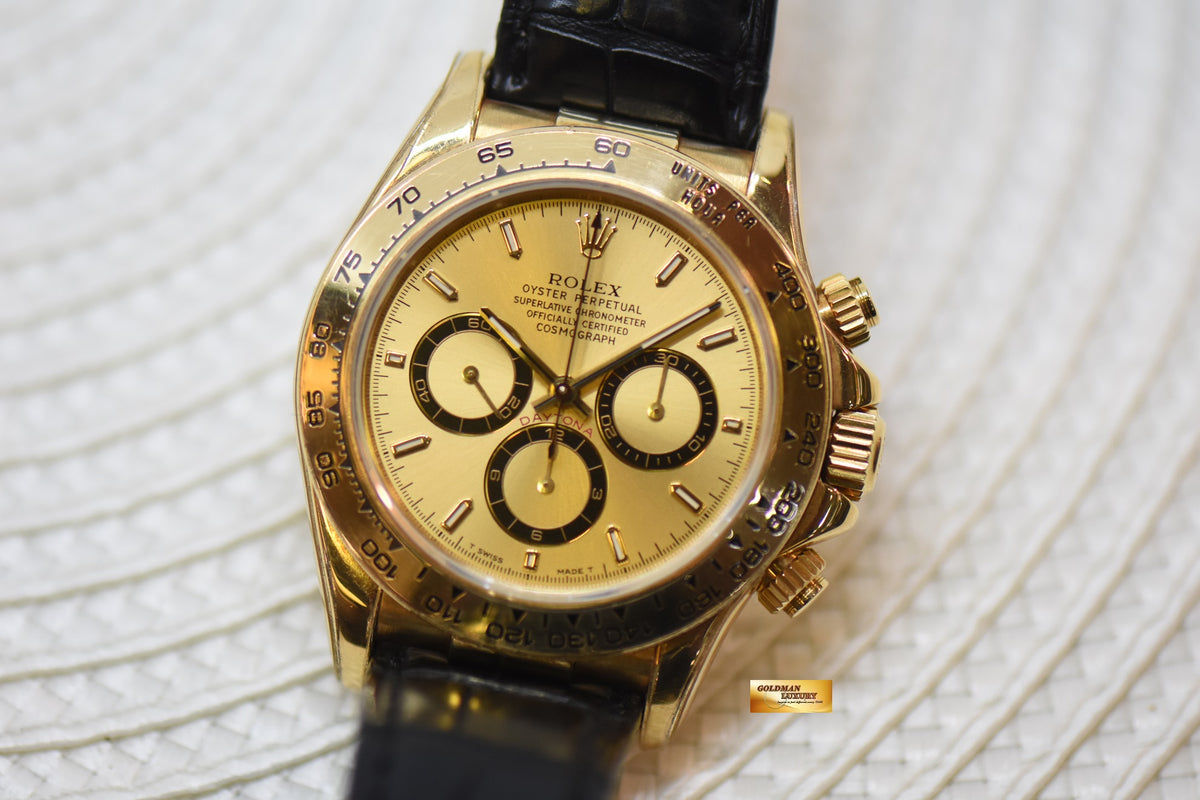 [SOLD] ROLEX OYSTER DAYTONA ZENITH CHRONOGRAPH 40mm YELLOW GOLD IN LEATHER GOLD DIAL 16518 (MINT)