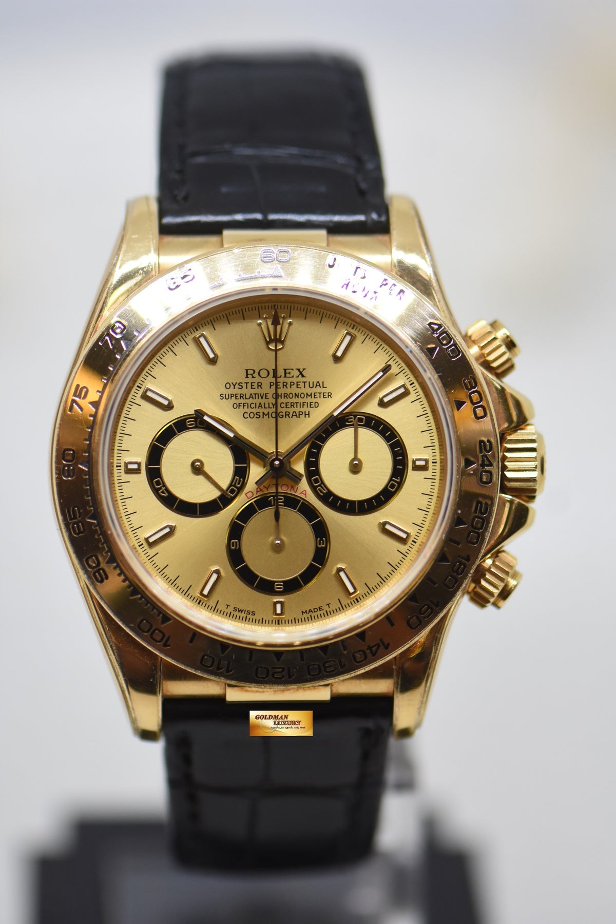 [SOLD] ROLEX OYSTER DAYTONA ZENITH CHRONOGRAPH 40mm YELLOW GOLD IN LEATHER GOLD DIAL 16518 (MINT)