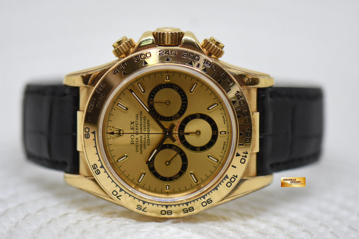 [SOLD] ROLEX OYSTER DAYTONA ZENITH CHRONOGRAPH 40mm YELLOW GOLD IN LEATHER GOLD DIAL 16518 (MINT)