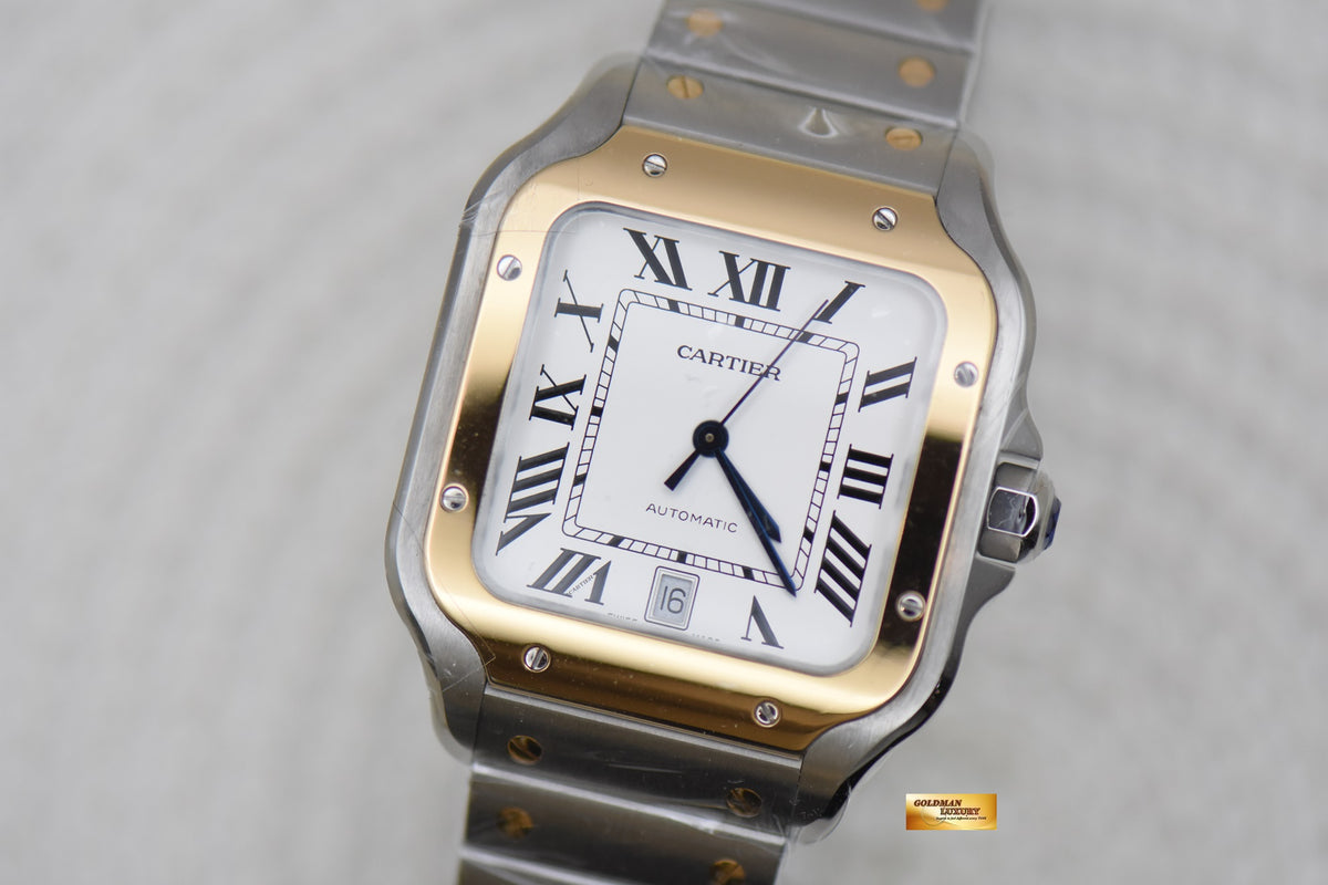 [SOLD] SANTOS De CARTIER LARGE HALF-GOLD IN BRACELET & LEATHER STRAP MENS AUTOMATIC W2SA0009 (LNIB)