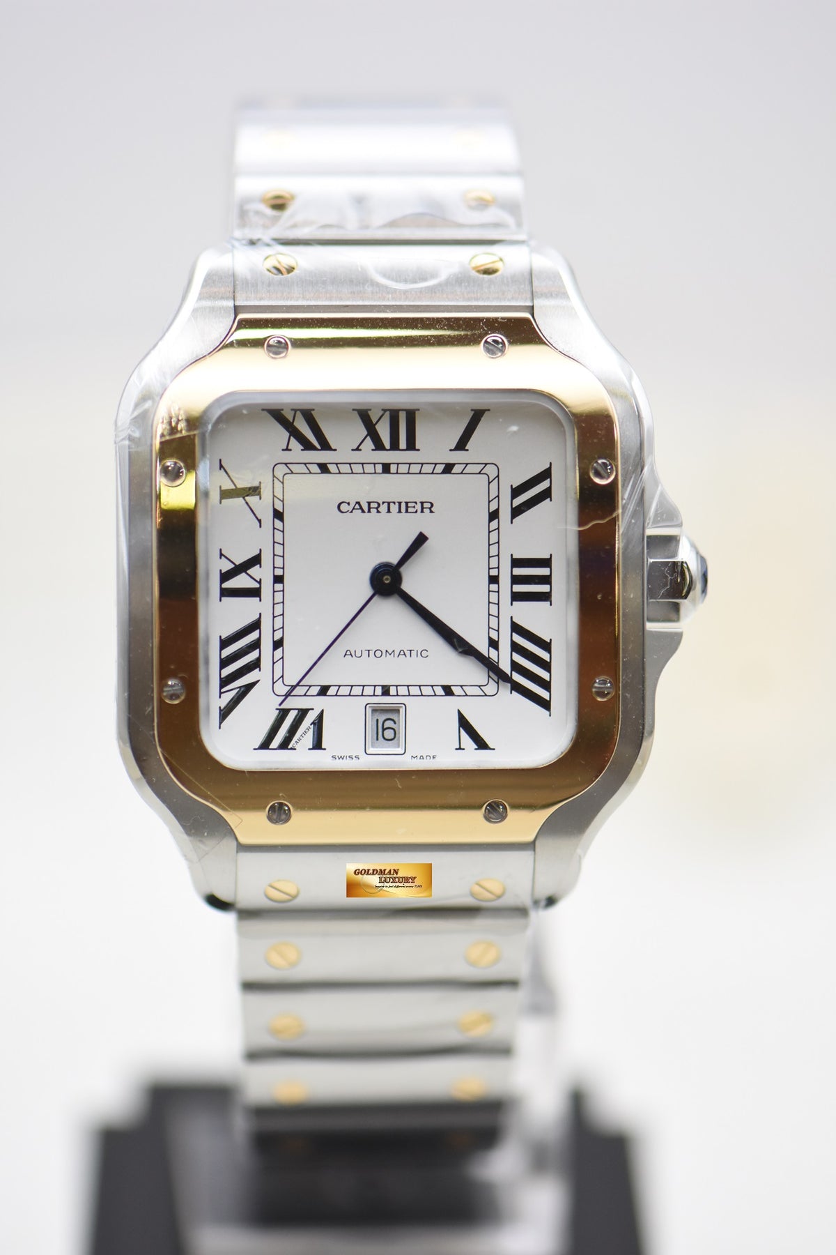 [SOLD] SANTOS De CARTIER LARGE HALF-GOLD IN BRACELET & LEATHER STRAP MENS AUTOMATIC W2SA0009 (LNIB)