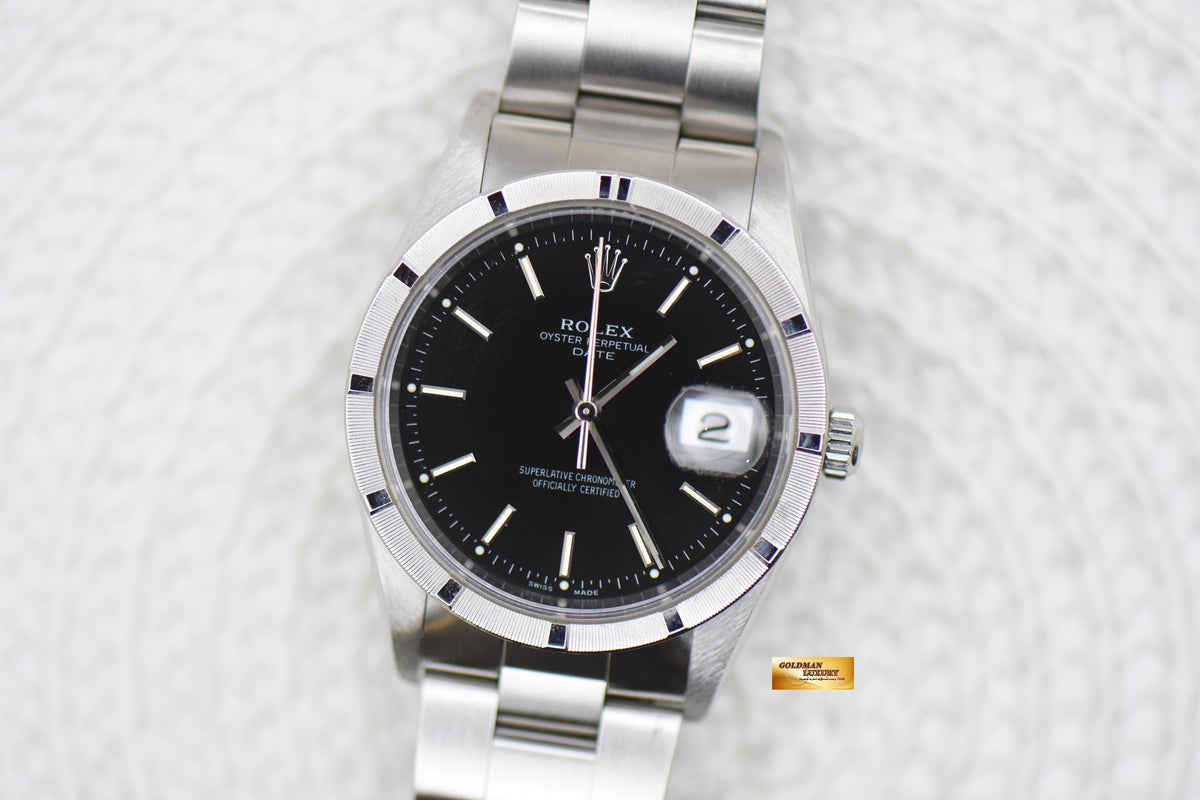 [SOLD] ROLEX OYSTER DATE 34mm STEEL IN BRACELET ENGINE-TURN BEZEL BLACK DIAL 15210 (QUICKSET-DATE) (MINT)