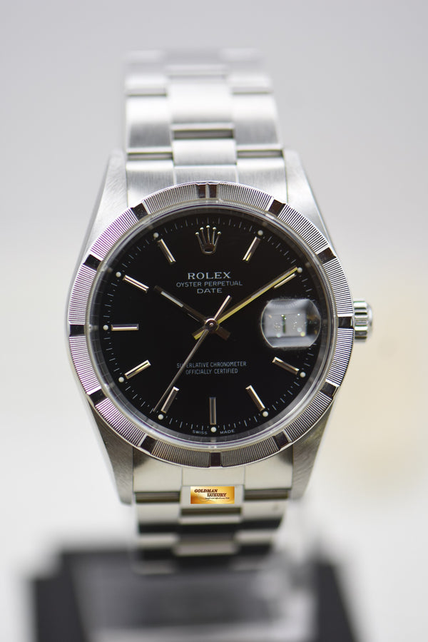 [SOLD] ROLEX OYSTER DATE 34mm STEEL IN BRACELET ENGINE-TURN BEZEL BLACK DIAL 15210 (QUICKSET-DATE) (MINT)