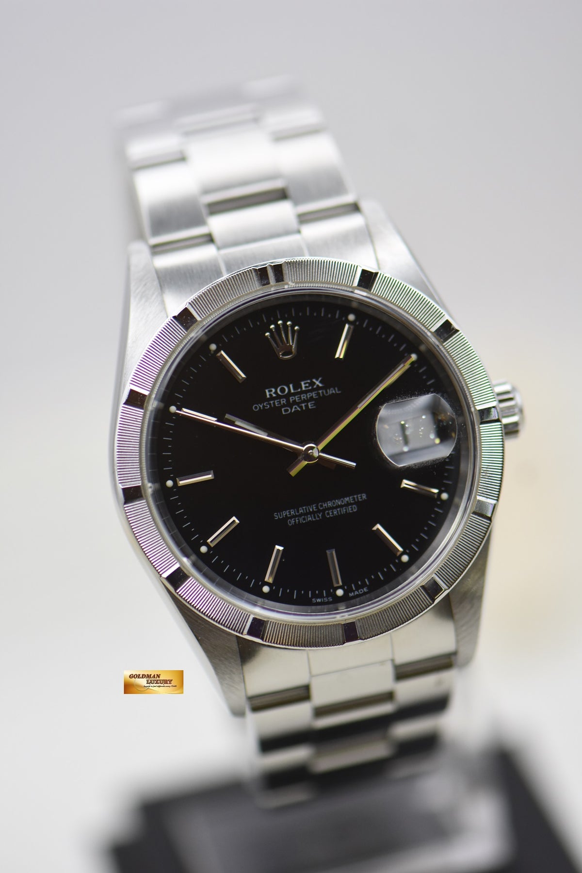 [SOLD] ROLEX OYSTER DATE 34mm STEEL IN BRACELET ENGINE-TURN BEZEL BLACK DIAL 15210 (QUICKSET-DATE) (MINT)