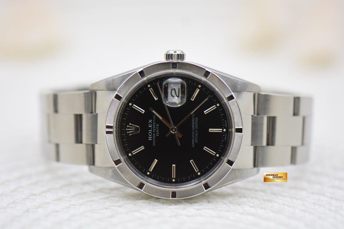 [SOLD] ROLEX OYSTER DATE 34mm STEEL IN BRACELET ENGINE-TURN BEZEL BLACK DIAL 15210 (QUICKSET-DATE) (MINT)