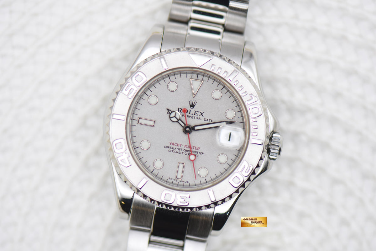 [SOLD] ROLEX OYSTER YACHT-MASTER 35mm LADIES MIDSIZE STEEL IN BRACELET PLATINUM DIAL / BEZEL 168622 (MINT)