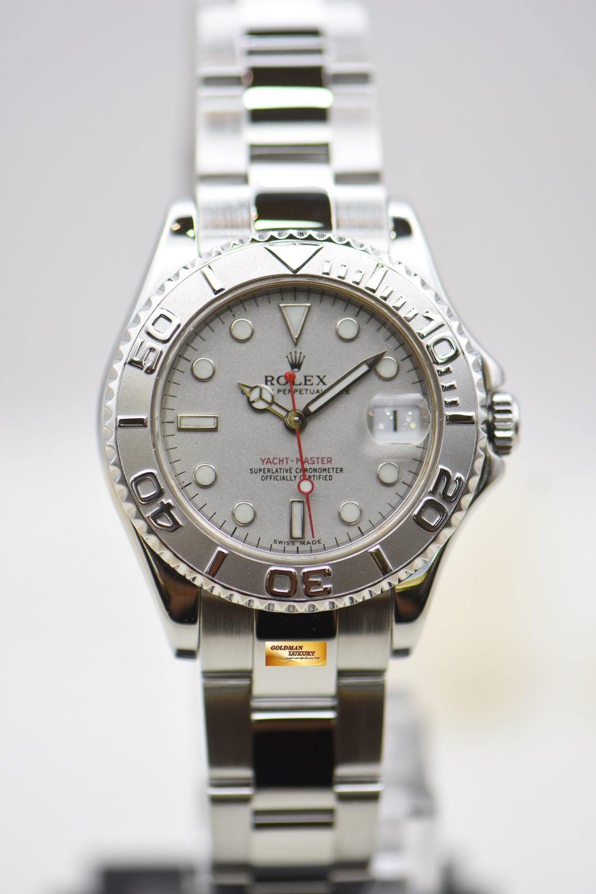 [SOLD] ROLEX OYSTER YACHT-MASTER 35mm LADIES MIDSIZE STEEL IN BRACELET PLATINUM DIAL / BEZEL 168622 (MINT)