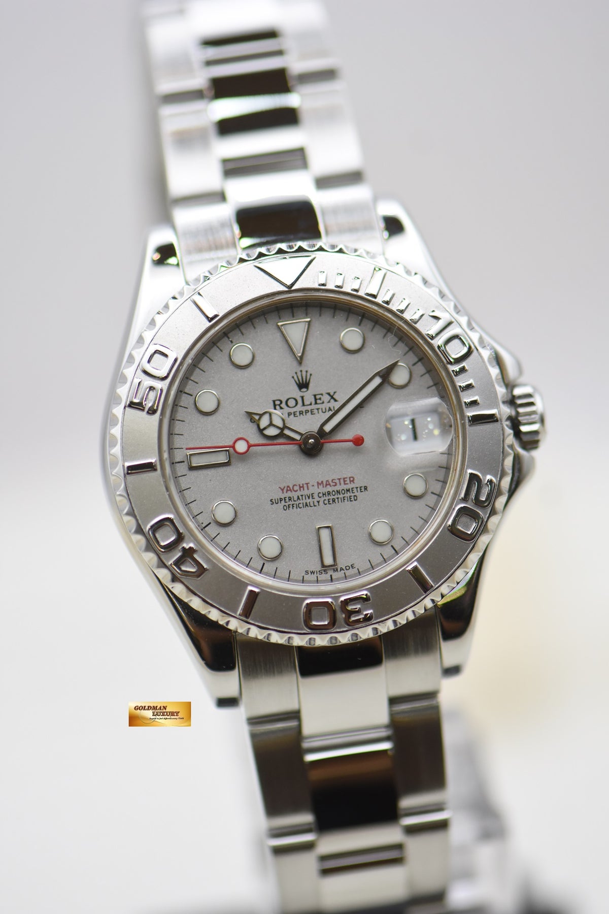 [SOLD] ROLEX OYSTER YACHT-MASTER 35mm LADIES MIDSIZE STEEL IN BRACELET PLATINUM DIAL / BEZEL 168622 (MINT)