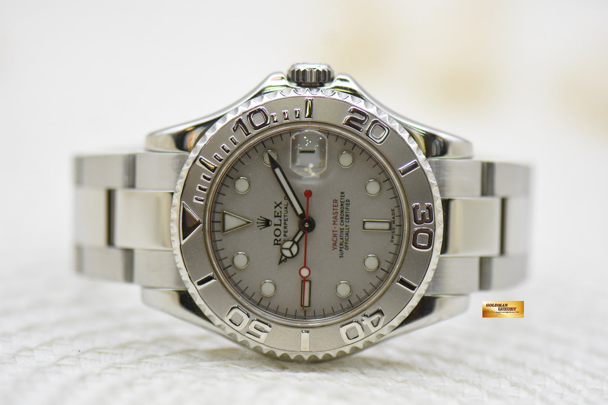 [SOLD] ROLEX OYSTER YACHT-MASTER 35mm LADIES MIDSIZE STEEL IN BRACELET PLATINUM DIAL / BEZEL 168622 (MINT)