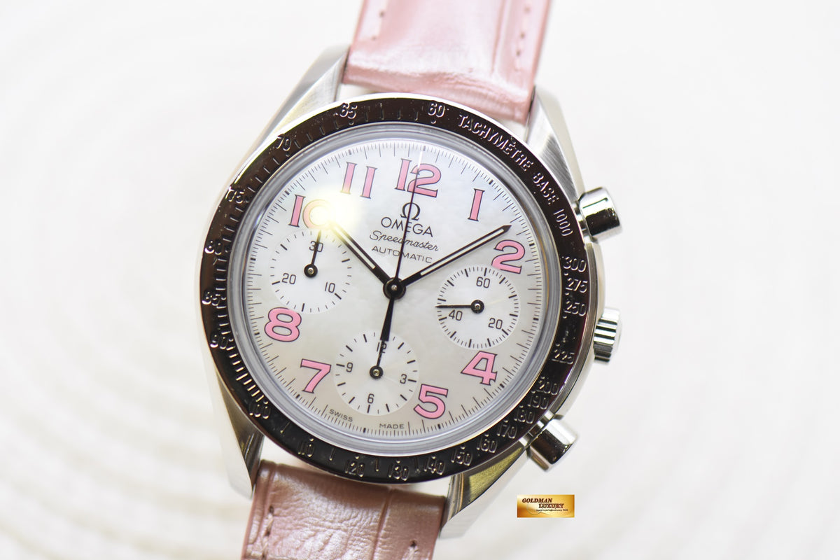 [SOLD] OMEGA SPEEDMASTER CHRONOGRAPH 37mm STEEL IN PINK LEATHER STRAP MOP DIAL 3834.74.34 (MINT)