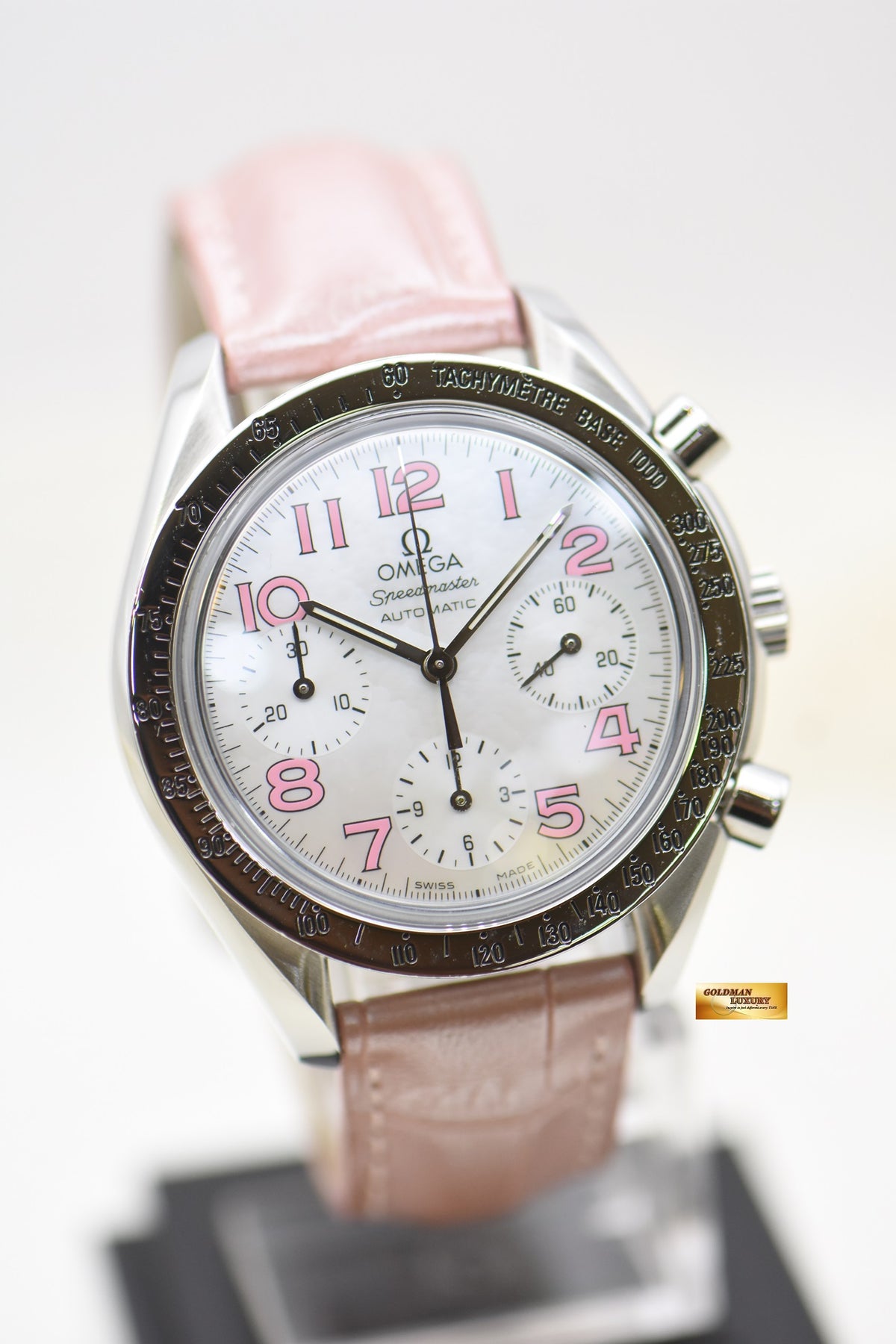 [SOLD] OMEGA SPEEDMASTER CHRONOGRAPH 37mm STEEL IN PINK LEATHER STRAP MOP DIAL 3834.74.34 (MINT)