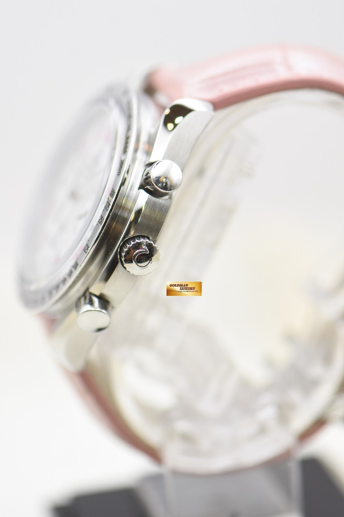 [SOLD] OMEGA SPEEDMASTER CHRONOGRAPH 37mm STEEL IN PINK LEATHER STRAP MOP DIAL 3834.74.34 (MINT)