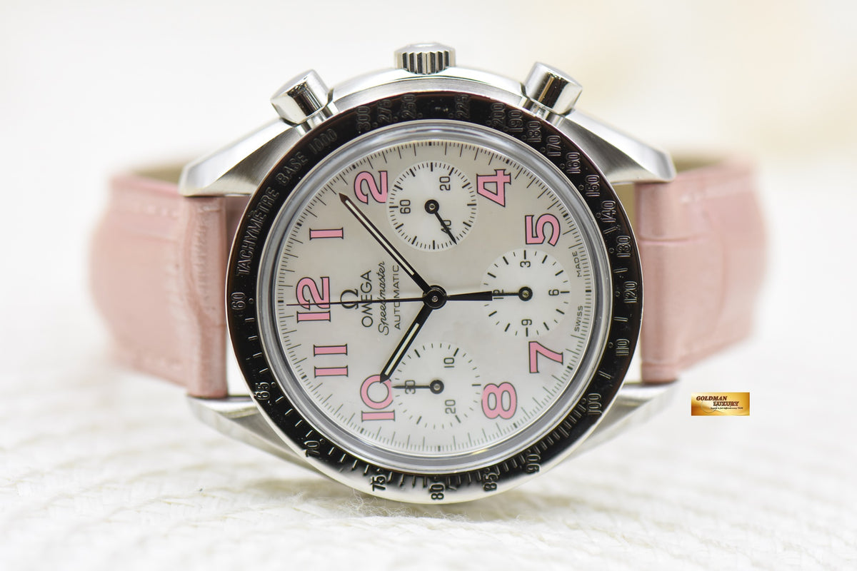 [SOLD] OMEGA SPEEDMASTER CHRONOGRAPH 37mm STEEL IN PINK LEATHER STRAP MOP DIAL 3834.74.34 (MINT)