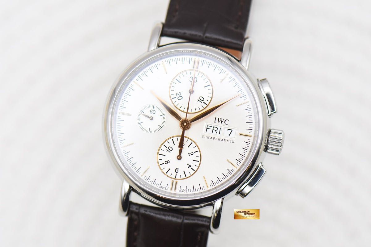 [SOLD] IWC PORTOFINO 41mm CHRONOGRAPH DAY-DATE STEEL IN LEATHER STRAP AUTOMATIC SILVER IW3783-02 (MINT)
