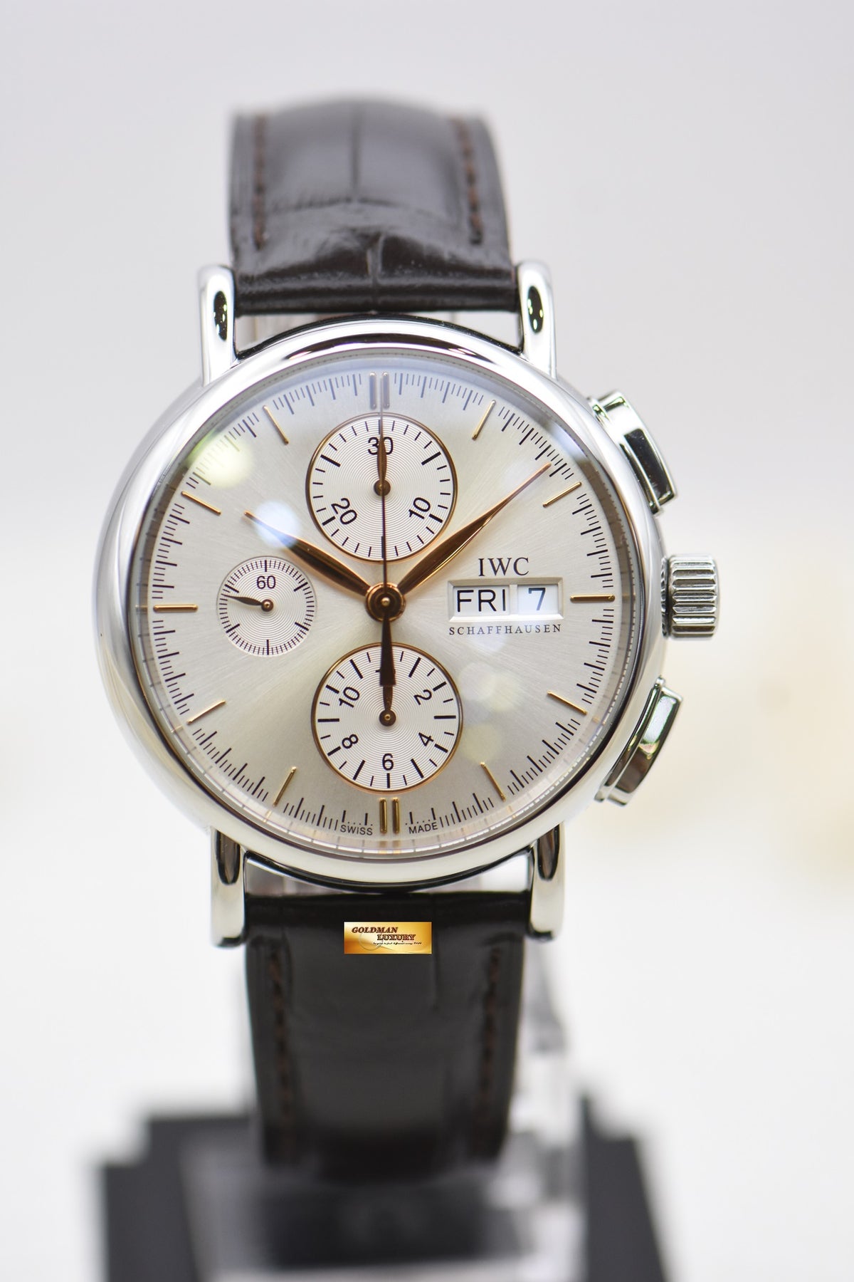 [SOLD] IWC PORTOFINO 41mm CHRONOGRAPH DAY-DATE STEEL IN LEATHER STRAP AUTOMATIC SILVER IW3783-02 (MINT)