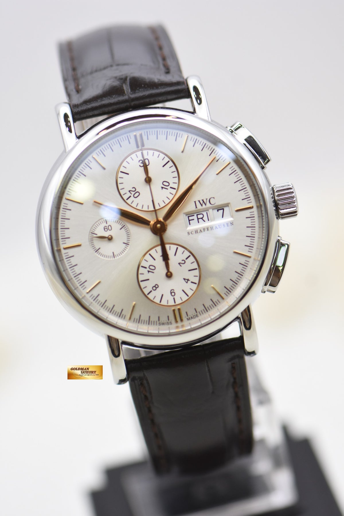 [SOLD] IWC PORTOFINO 41mm CHRONOGRAPH DAY-DATE STEEL IN LEATHER STRAP AUTOMATIC SILVER IW3783-02 (MINT)