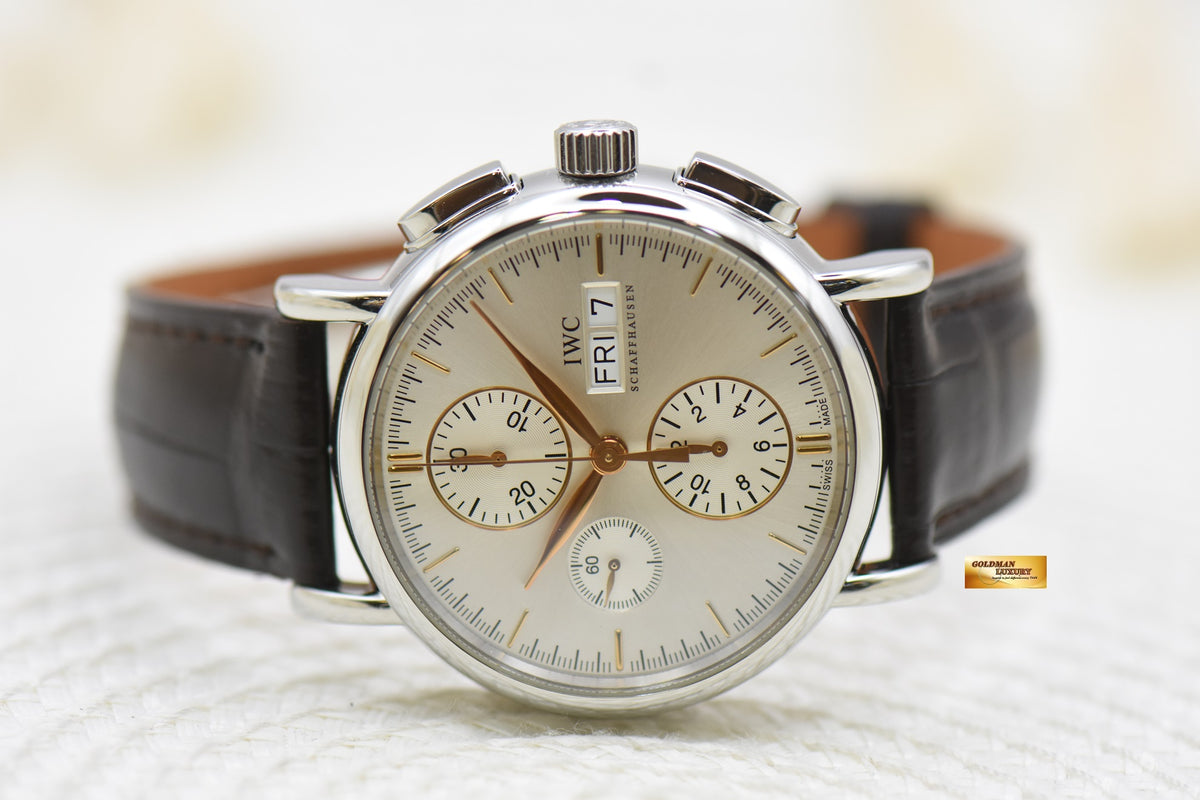 [SOLD] IWC PORTOFINO 41mm CHRONOGRAPH DAY-DATE STEEL IN LEATHER STRAP AUTOMATIC SILVER IW3783-02 (MINT)