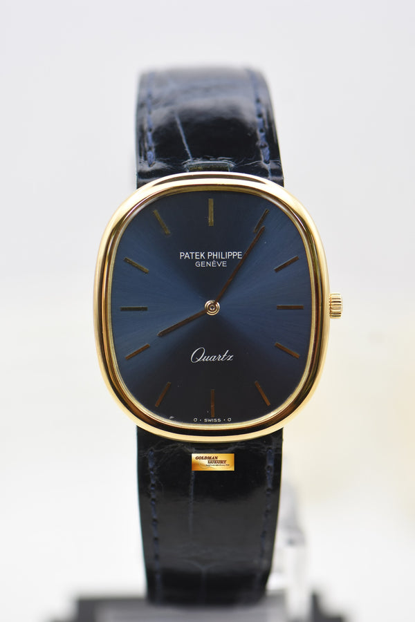 [SOLD] PATEK PHILIPPE GOLDEN ELLIPSE YELLOW GOLD IN LEATHER STRAP 30mm BLUE DIAL QUARTZ 3838J (LIKE NEW)