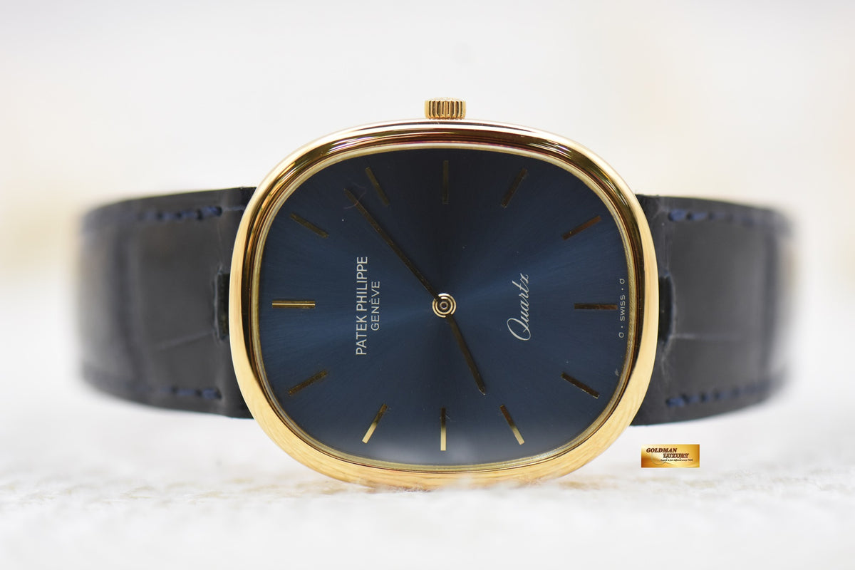 [SOLD] PATEK PHILIPPE GOLDEN ELLIPSE YELLOW GOLD IN LEATHER STRAP 30mm BLUE DIAL QUARTZ 3838J (LIKE NEW)