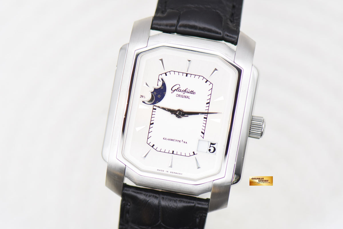 [SOLD] GLASHUTTE SENATOR KARREE MOONPHASE STEEL IN LEATHER STRAP AUTOMATIC 39-43-04-04-04 (MINT)