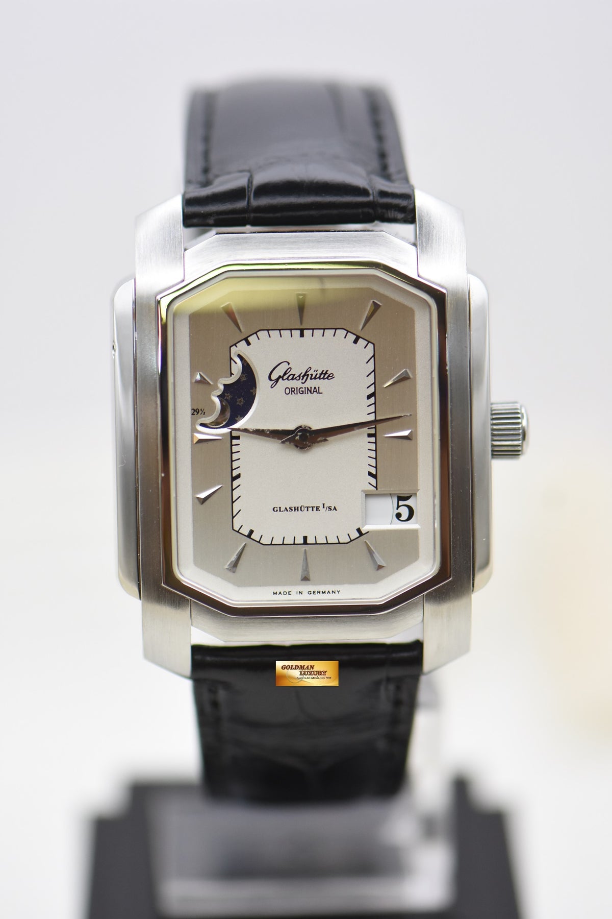 [SOLD] GLASHUTTE SENATOR KARREE MOONPHASE STEEL IN LEATHER STRAP AUTOMATIC 39-43-04-04-04 (MINT)