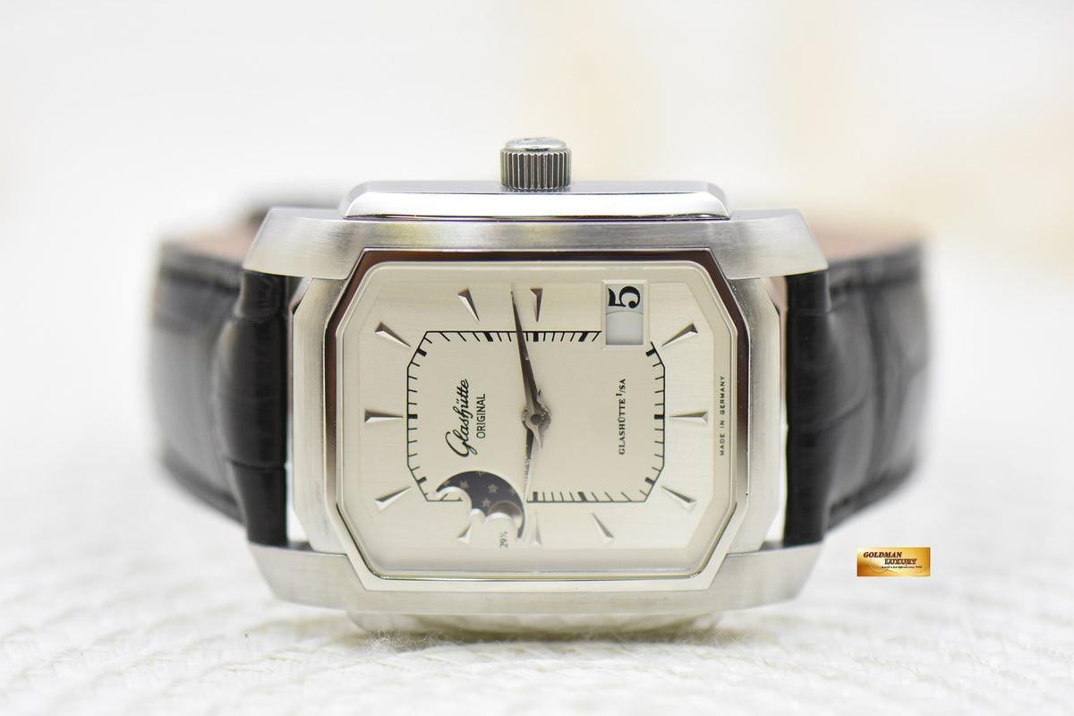 [SOLD] GLASHUTTE SENATOR KARREE MOONPHASE STEEL IN LEATHER STRAP AUTOMATIC 39-43-04-04-04 (MINT)