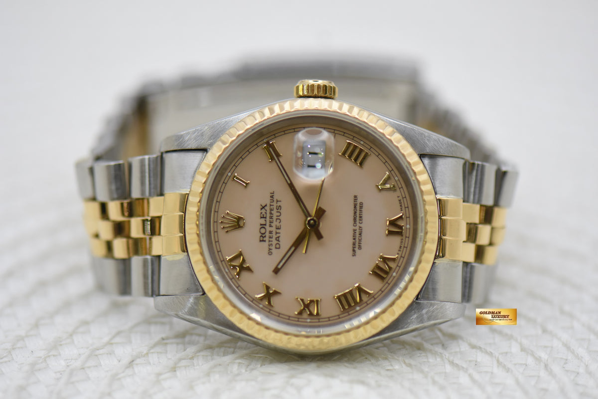 [SOLD] ROLEX OYSTER DATEJUST 36mm HALF-GOLD IN JUBILEE BRACELET SALMON ROMAN DIAL 16233 (MINT)