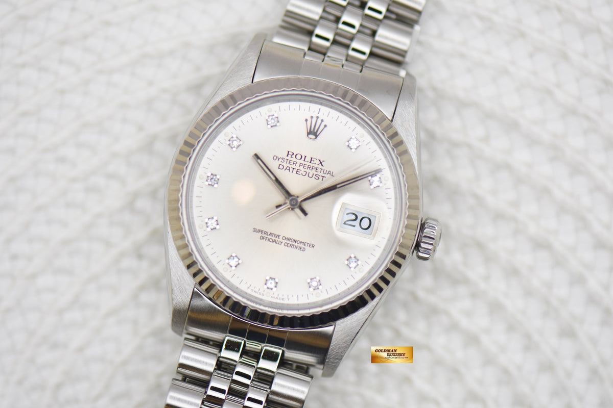 [SOLD] ROLEX OYSTER DATEJUST 36mm STEEL IN JUBILEE BRACELET DIAMOND SILVER DIAL 16014 (MINT)
