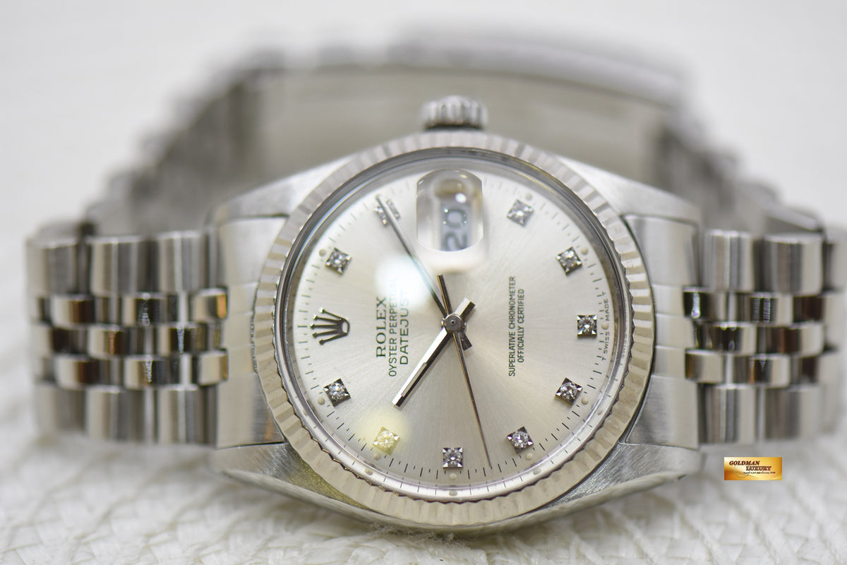 [SOLD] ROLEX OYSTER DATEJUST 36mm STEEL IN JUBILEE BRACELET DIAMOND SILVER DIAL 16014 (MINT)