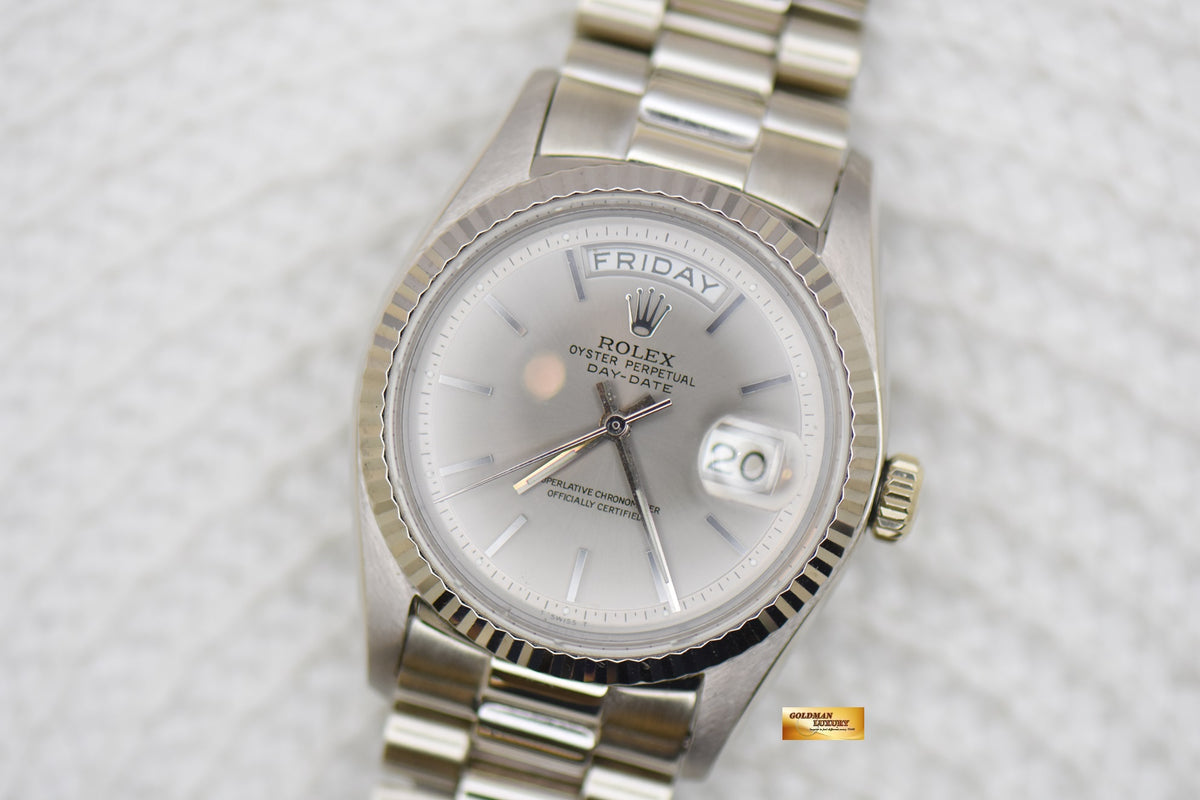 [SOLD] ROLEX OYSTER DAY-DATE 36mm WHITE GOLD IN BRACELET SILVER DIAL 1803 (VINTAGE)