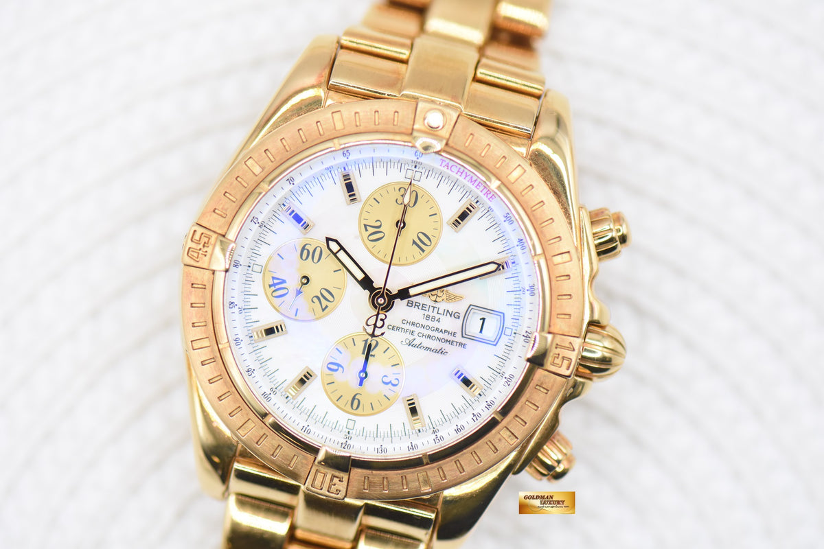 [SOLD] BREITLING CHRONOMAT EVOLUTION 44mm YELLOW GOLD IN BRACELET / LEATHER STRAP MOP DIAL AUTOMATIC K13356 (MINT)