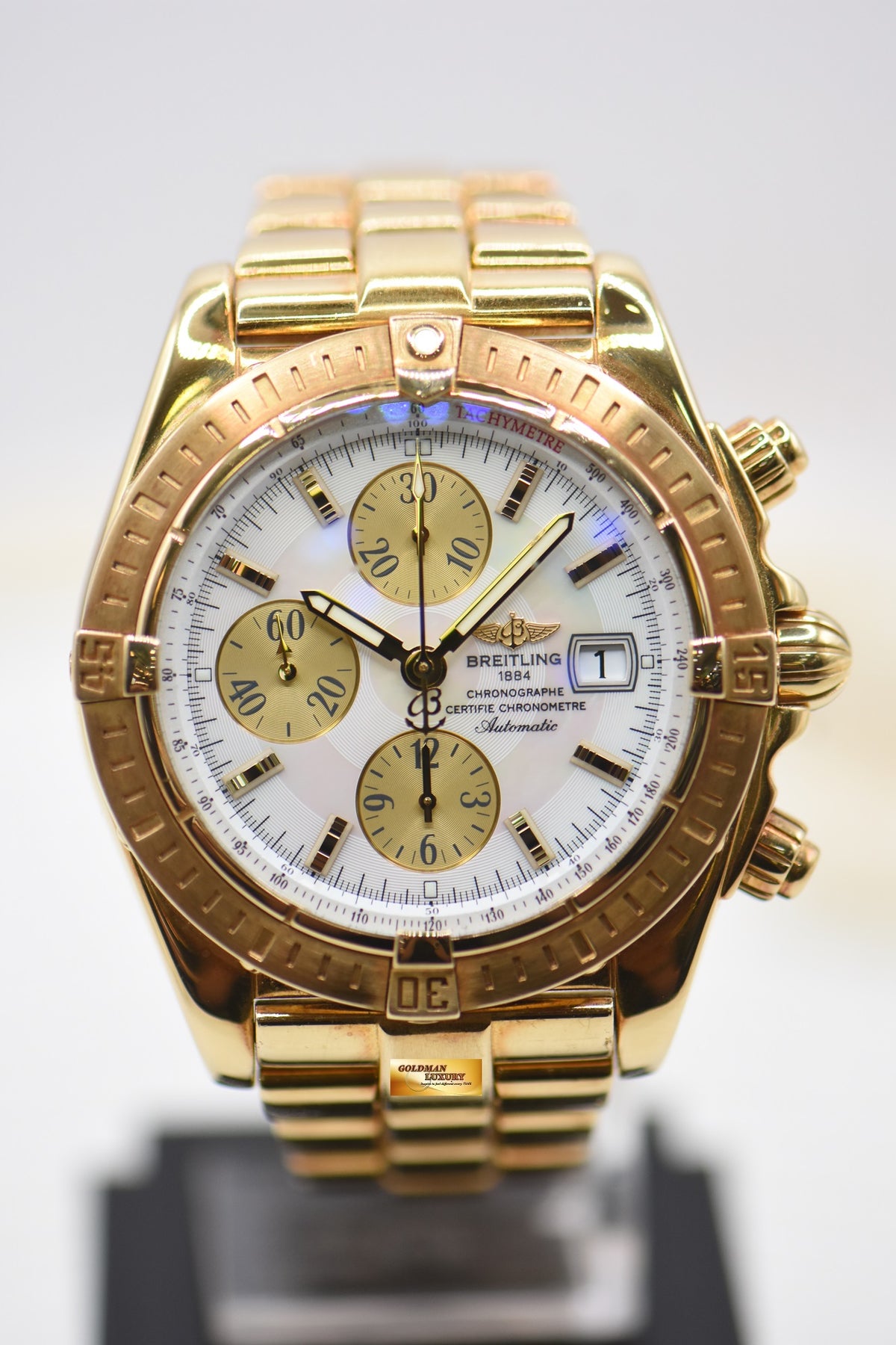 [SOLD] BREITLING CHRONOMAT EVOLUTION 44mm YELLOW GOLD IN BRACELET / LEATHER STRAP MOP DIAL AUTOMATIC K13356 (MINT)