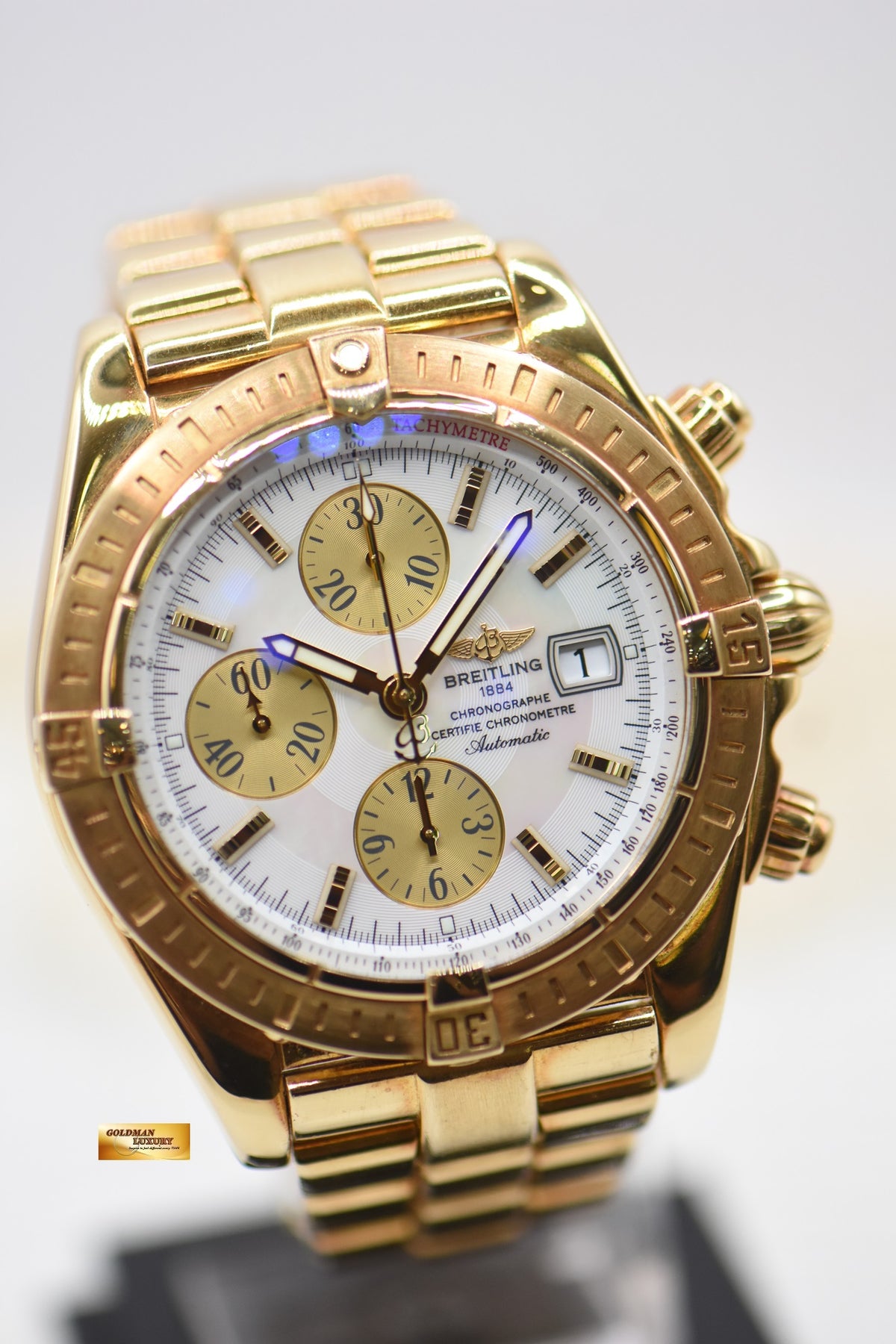 [SOLD] BREITLING CHRONOMAT EVOLUTION 44mm YELLOW GOLD IN BRACELET / LEATHER STRAP MOP DIAL AUTOMATIC K13356 (MINT)