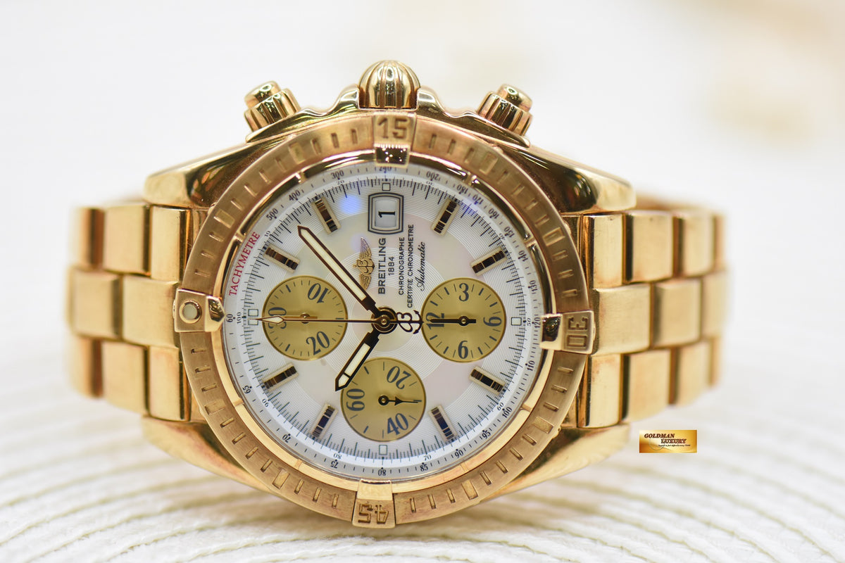 [SOLD] BREITLING CHRONOMAT EVOLUTION 44mm YELLOW GOLD IN BRACELET / LEATHER STRAP MOP DIAL AUTOMATIC K13356 (MINT)