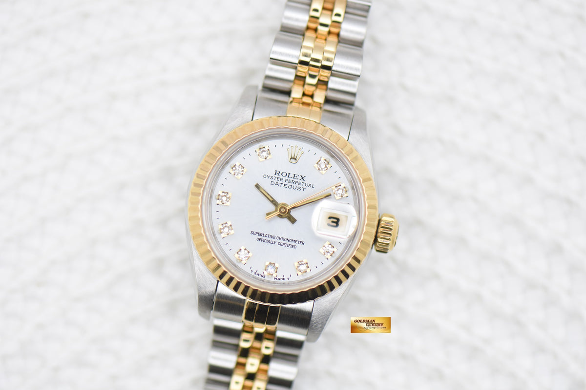 [SOLD] ROLEX OYSTER DATEJUST 26mm HALF-GOLD IN JUBILEE BRACELET SILVER DIAMOND DIAL 69173 (MINT)