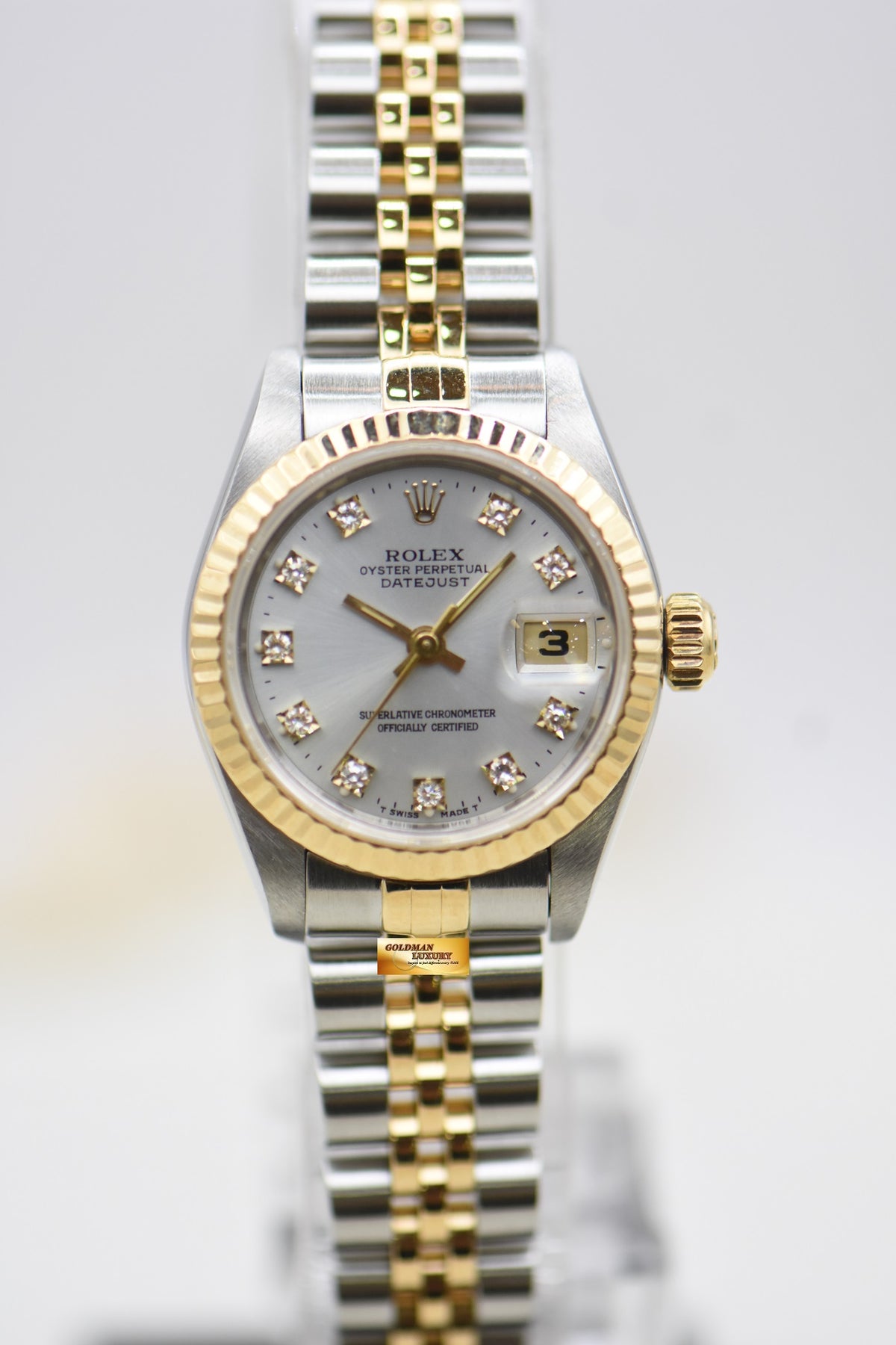 [SOLD] ROLEX OYSTER DATEJUST 26mm HALF-GOLD IN JUBILEE BRACELET SILVER DIAMOND DIAL 69173 (MINT)
