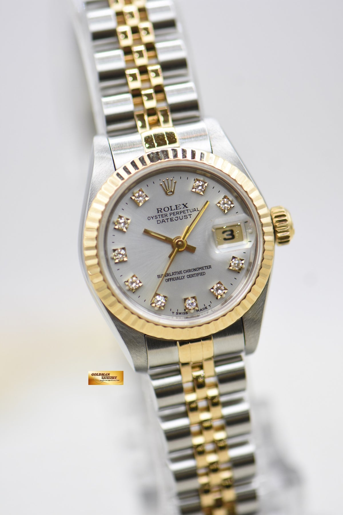 [SOLD] ROLEX OYSTER DATEJUST 26mm HALF-GOLD IN JUBILEE BRACELET SILVER DIAMOND DIAL 69173 (MINT)