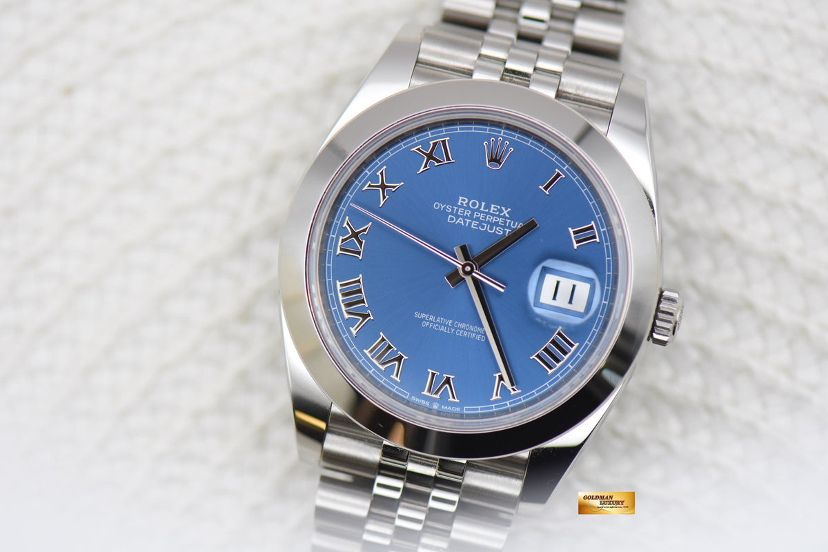 [SOLD] ROLEX OYSTER PERPETUAL DATEJUST 41 STEEL IN BRACELET BLUE ROMAN DIAL AUTOMATIC 126300 (MINT)