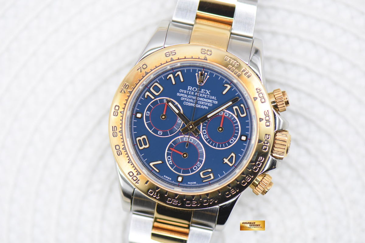 [SOLD] ROLEX OYSTER DAYTONA CHRONOGRAPH 40mm GOLD / STEEL IN OYSTER BRACELET BLUE ARABIC NUMERALS DIAL 116503 (MINT)