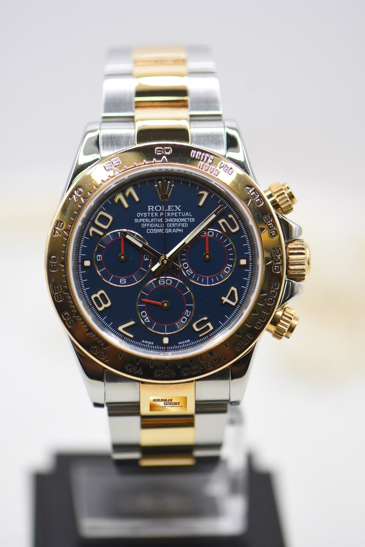 [SOLD] ROLEX OYSTER DAYTONA CHRONOGRAPH 40mm GOLD / STEEL IN OYSTER BRACELET BLUE ARABIC NUMERALS DIAL 116503 (MINT)