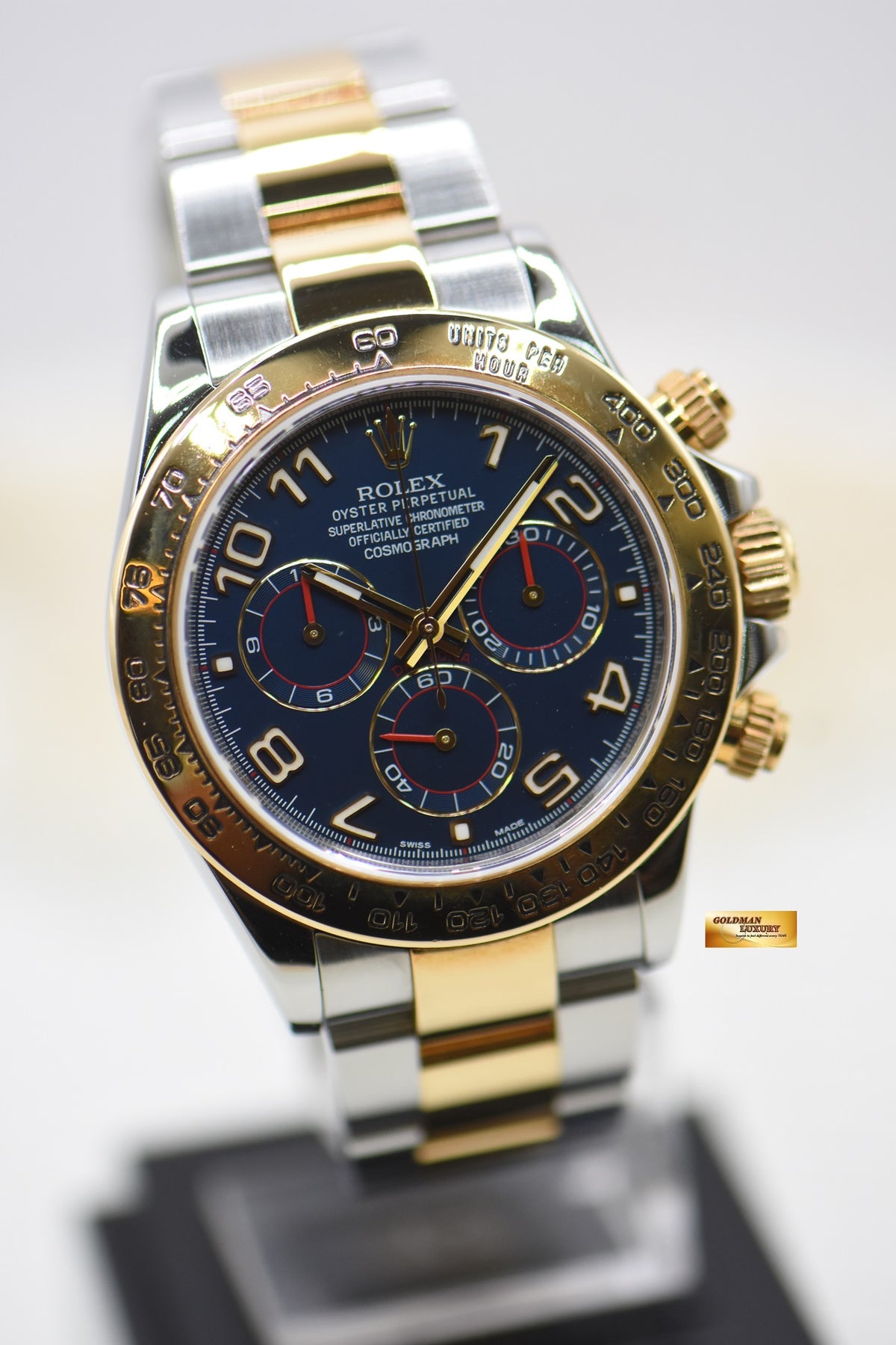 [SOLD] ROLEX OYSTER DAYTONA CHRONOGRAPH 40mm GOLD / STEEL IN OYSTER BRACELET BLUE ARABIC NUMERALS DIAL 116503 (MINT)