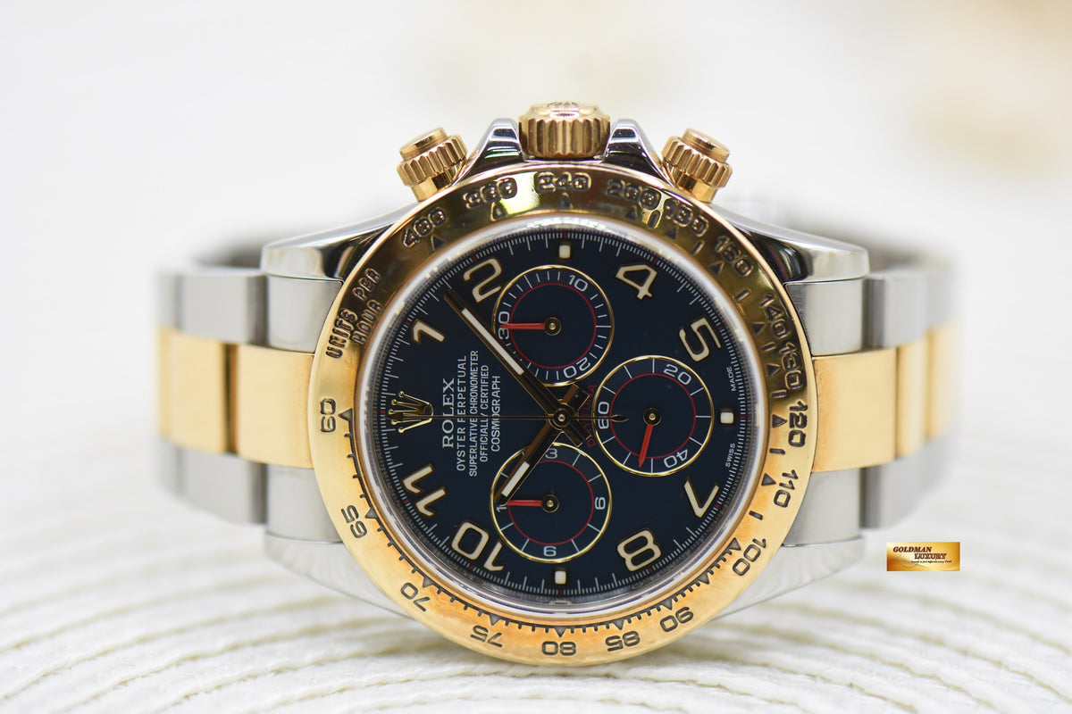 [SOLD] ROLEX OYSTER DAYTONA CHRONOGRAPH 40mm GOLD / STEEL IN OYSTER BRACELET BLUE ARABIC NUMERALS DIAL 116503 (MINT)