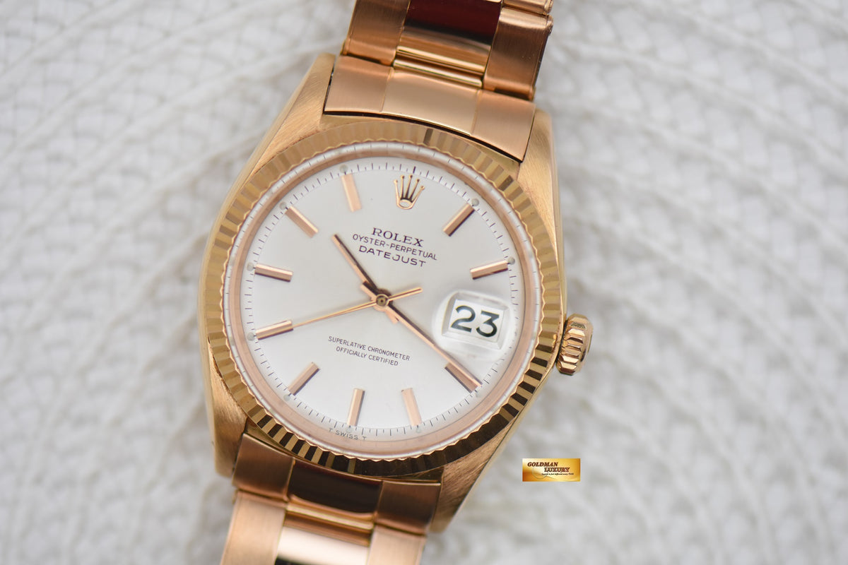 [SOLD] ROLEX OYSTER VINTAGE DATEJUST 36mm ROSE GOLD IN RIVETED BRACELET SILVER DIAL 1601 (VINTAGE-UNPOLISHED)